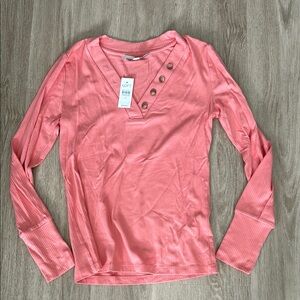 LOFT Coral Long Sleeve Top with Button Accents